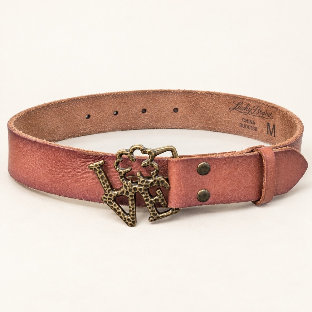 Lucky Brand Leather Belt Medium Brown LOVE Clover Buckle Boho Western BUD0038